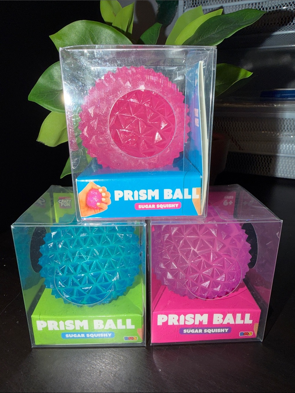 THREE 3 RMS Crazy Fun Sugar Squishy PRISM Balls Pink Blue & Purple